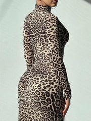 Leopard Pleated Printed Split-Front Bodycon Long Sleeves High Neck Maxi Dresses