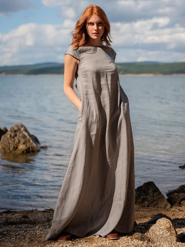 Simple Gray Ramie Cotton Cap Sleeve Maxi Dress