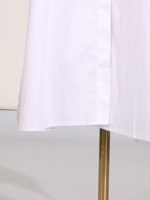 See-Through Solid Color Split-Joint Split-Side Long Sleeves Loose Lapel Shirt Dress Maxi Dresses