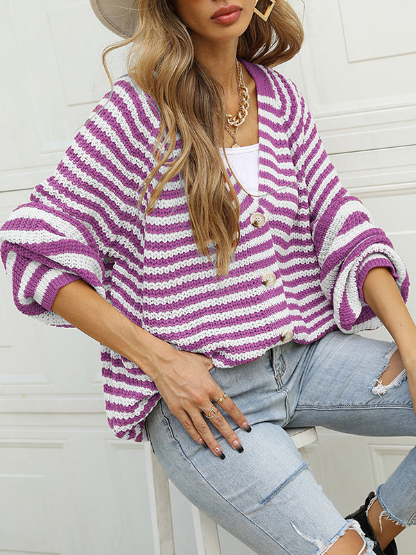 Casual Loose Long Sleeves Striped V-Neck Cardigan Tops