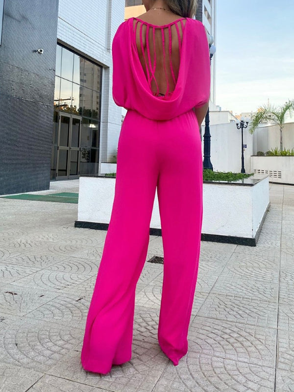 Backless Elasticity Pleated Solid Color Split-Joint High Waisted Sleeveless Jumpsuits