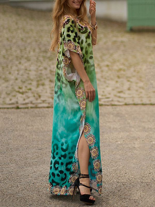 Leopard Printed Split-side Batwing Sleeves Loose V-neck Maxi Dresses Beach Cover-Up