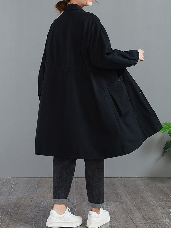Casual Loose Solid Color Buttoned Lapel Collar Long Sleeves Trench Coat