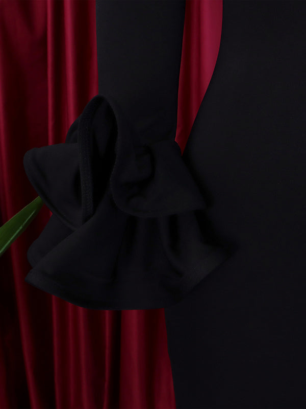 Falbala Solid Color Split-side Bodycon Flared Sleeves Off-the-shoulder Maxi Dresses