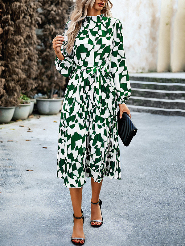 Pleated Printed Tied Waist Long Sleeves Loose Mock Neck Midi Dresses