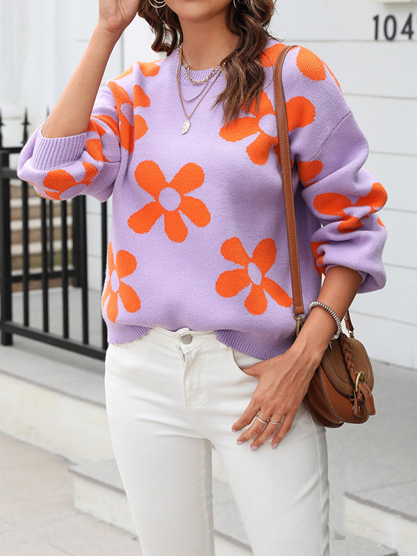 Knitted Flower Long Sleeves Loose Round-Neck Sweater Tops Pullovers Knitwear