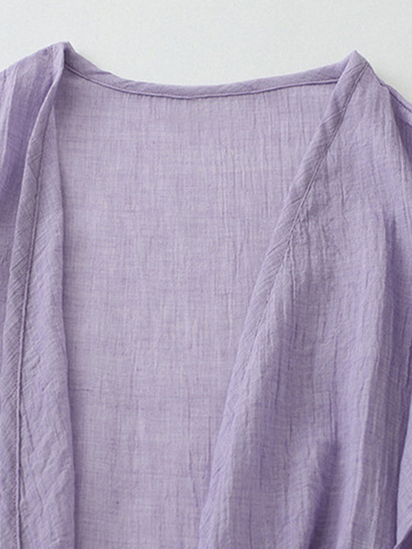 Pleated See-Through Solid Color Loose Short Sleeves Outerwear Cover-Ups Tops