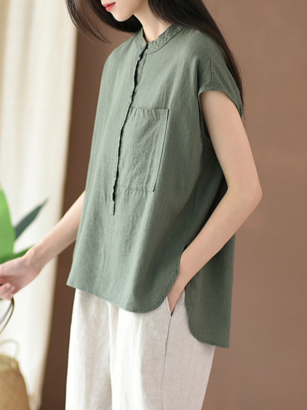 Solid Color Cap Sleeve High-Low Stand Collar Blouses&Shirts Tops