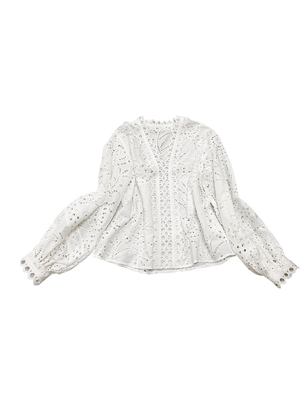 Hollow See-Through Solid Color Split-Joint Long Sleeves Loose V-Neck Blouses&Shirts Tops