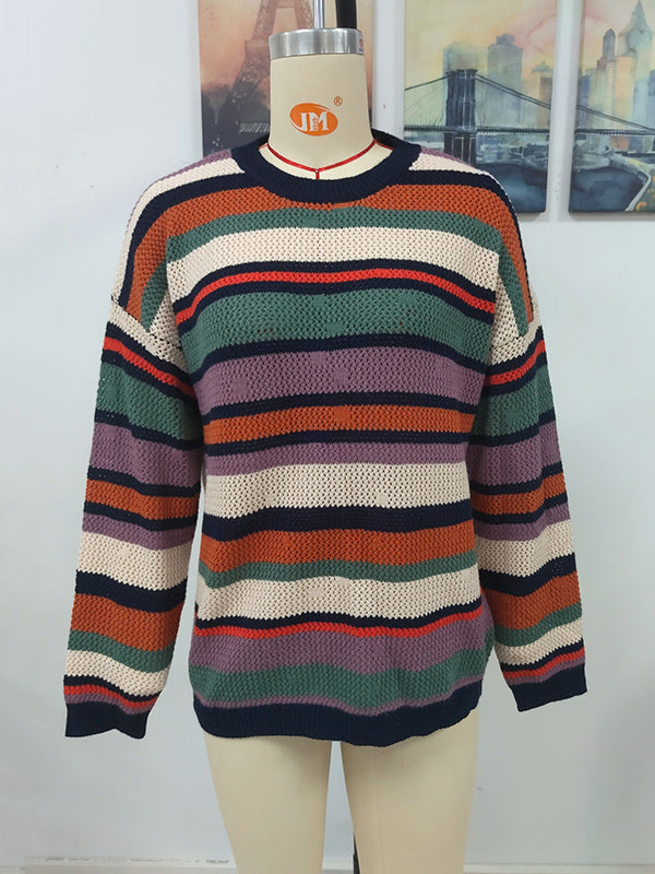 Original Long Sleeves Loose Contrast Color Striped Round-Neck Sweater Tops