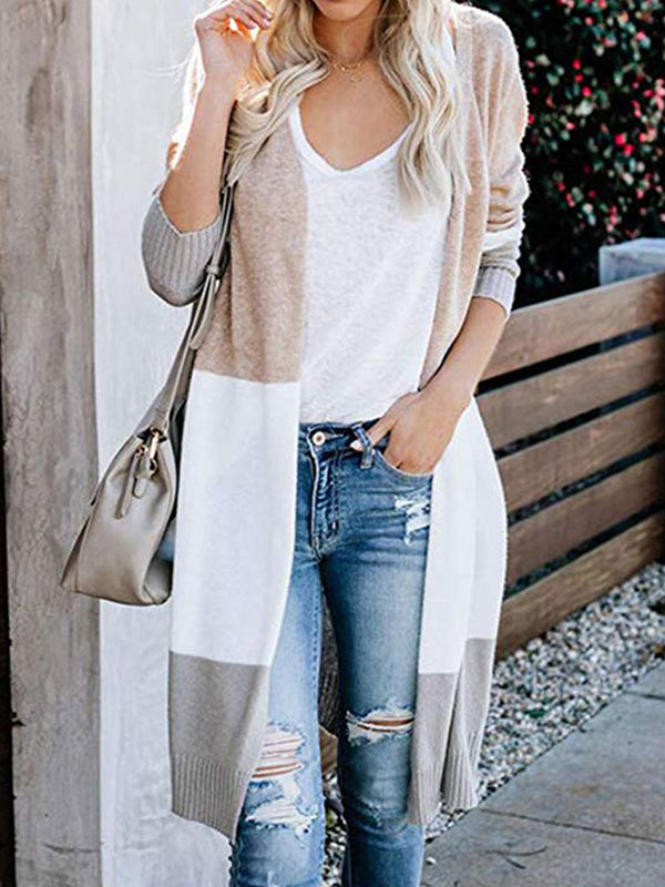 Contrast Color Long Sleeves Loose V-Neck Cardigan Tops
