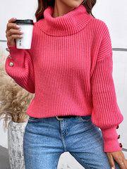 Buttoned Solid Color Split-Joint Long Sleeves Loose High Neck Sweater Tops Pullovers