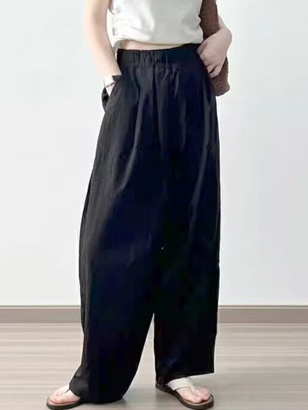 Elasticity Pleated Pockets Solid Color High Waisted Loose Trousers Pants