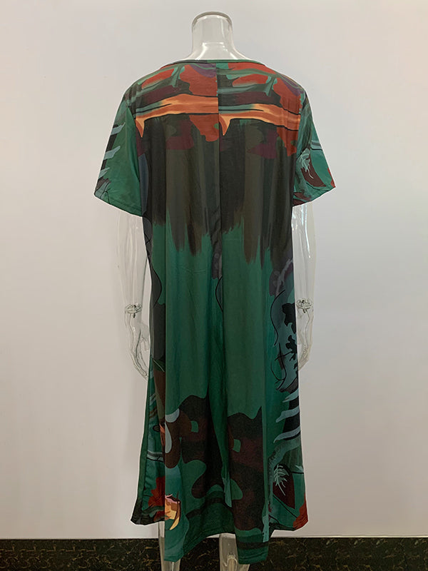 Printed A-Line Loose Round-Neck Midi Dresses
