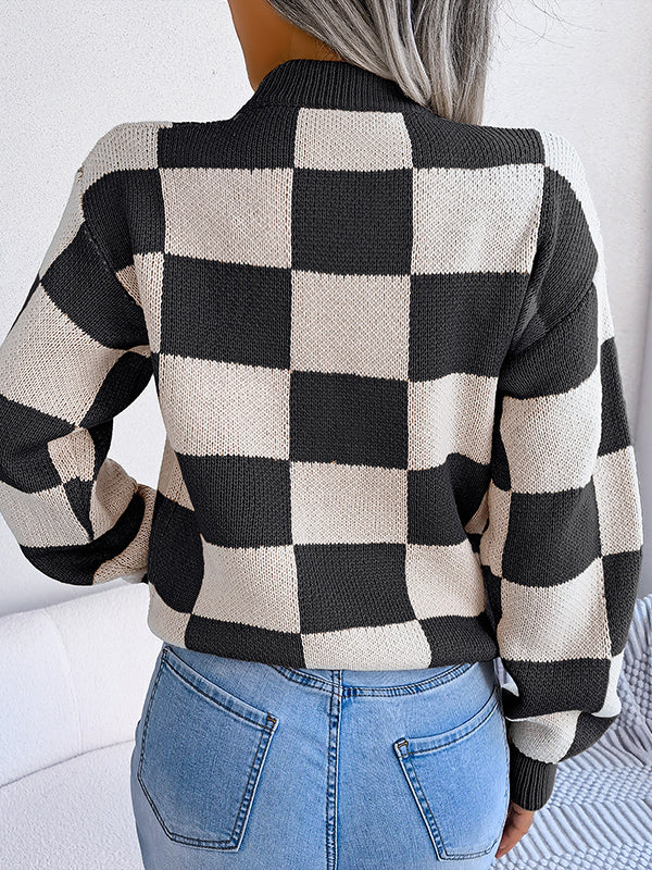 Contrast Color Plaid Long Sleeves Loose Round-Neck Sweater Tops