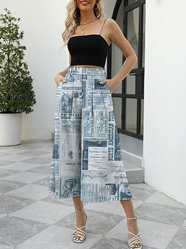 Elasticity Letter Print Pleated Pockets High Waisted Loose Trousers Pants