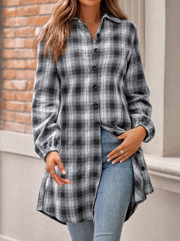 Plaid Loose Wrap Lapel Blouses&shirts Tops