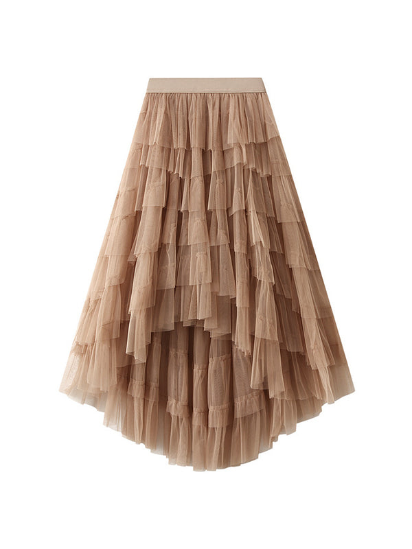 Contrast Color Elasticity Gauze Gradient Pleated Split-Joint Tiered A-Line High-Low Skirts