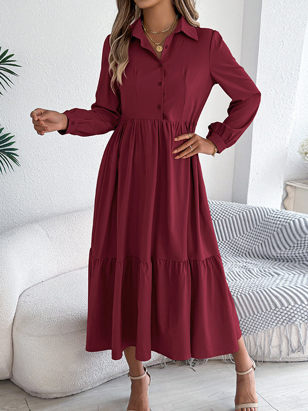Pleated Ruffled Solid Color High Waisted Long Sleeves Lapel Shirt Dress Midi Dresses