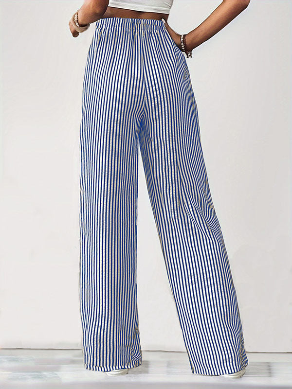 Drawstring Elasticity Pockets Split-Joint Striped Loose Trousers Pants
