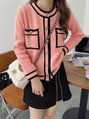 Buttoned Contrast Color Pockets Long Sleeves Round-Neck Cardigan Tops