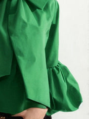 Bowknot Solid Color Split-Joint Loose Puff Sleeves Stand Collar Blouses&Shirts Tops