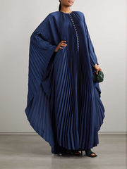 Batwing Sleeves Loose Pleated Solid Color Round-Neck Maxi Dresses