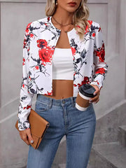 Buttoned Flower Print Split-Joint Long Sleeves Loose Round-Neck Outerwear Blazer