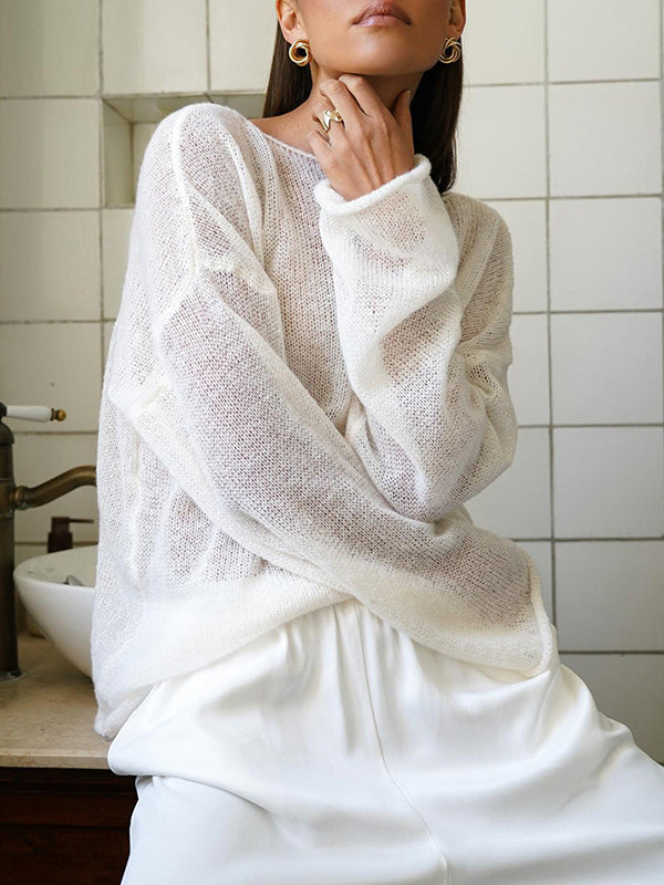 See-Through Solid Color Split-Joint Long Sleeves Loose Round-Neck Sweater Tops