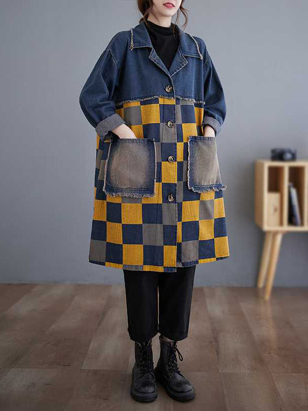 Buttoned Fringed Plaid Pockets Split-Joint Long Sleeves Loose Notched Collar Denim Outerwear