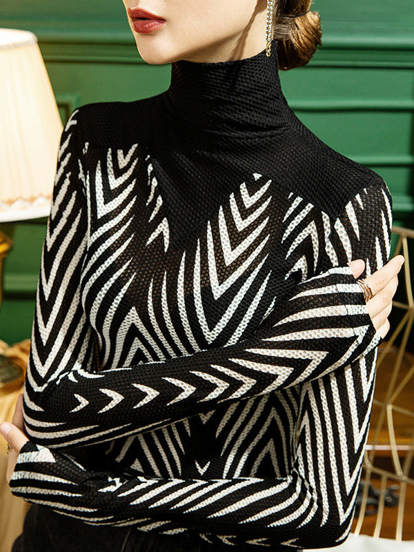 See-Through Split-Joint Long Sleeves Plus Size High Neck T-Shirts