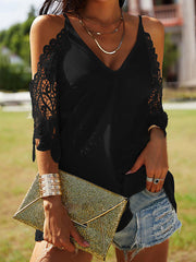 Hollow Solid Color Split-Joint Half Sleeves Loose Cold Shoulder T-Shirts Tops