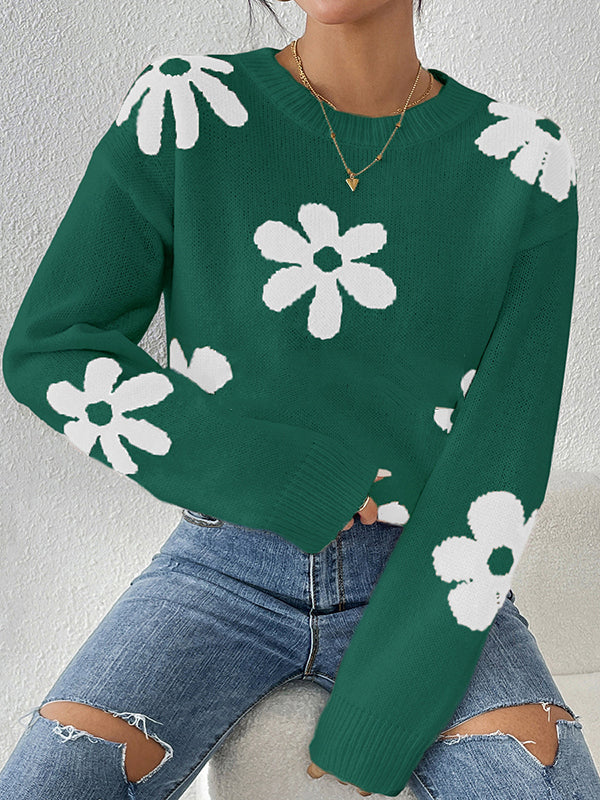 Contrast Color Flower Print Long Sleeves Loose Round-Neck Sweater Tops