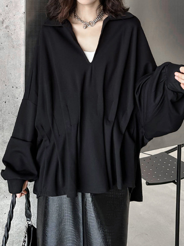 Pleated Solid Color Batwing Sleeves Long Sleeves Deep V-Neck Blouses&Shirts Tops