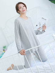 Simple Solid Color Long Sleeve Loose Modal Pajamas Sets