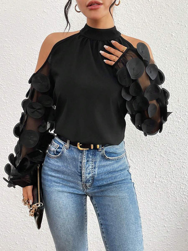 See-Through Solid Color Split-Joint Loose Puff Sleeves Cold shoulder Blouses