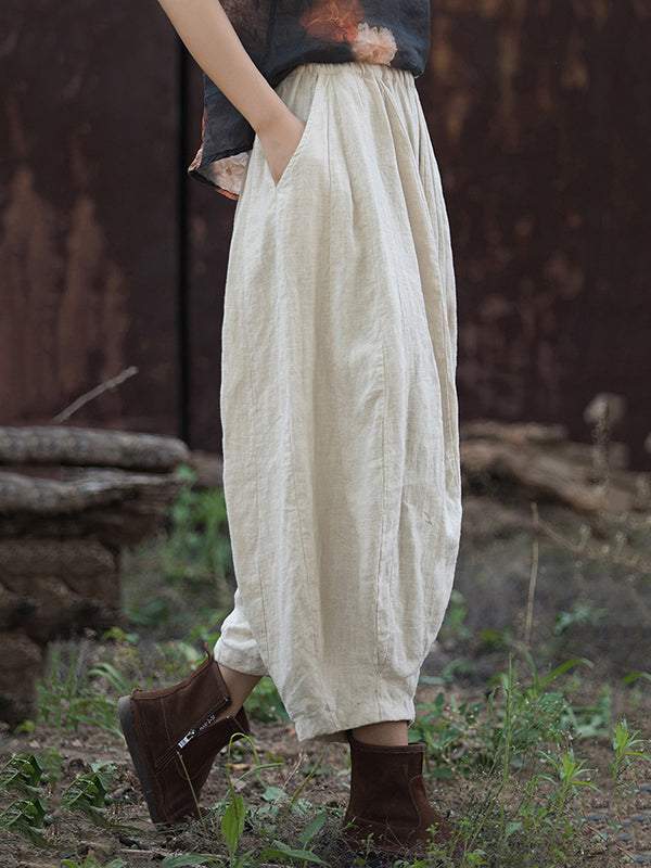 Elasticity Pleated Pockets Solid Color Split-Joint Bloomers Loose Casual Pants Bottoms