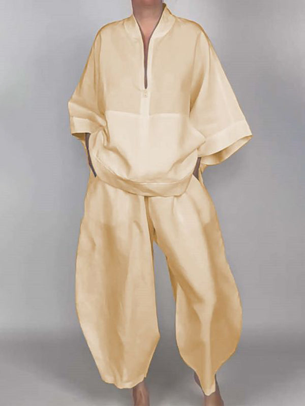 Long Sleeves Loose Solid Color Zipper V-Neck Shirts Tops