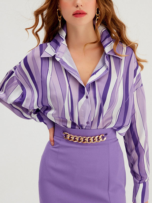 Contrast Color Striped Long Sleeves Loose Lapel Blouses