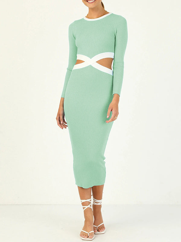 Hollow High Waisted Long Sleeves Round-Neck Midi Dresses
