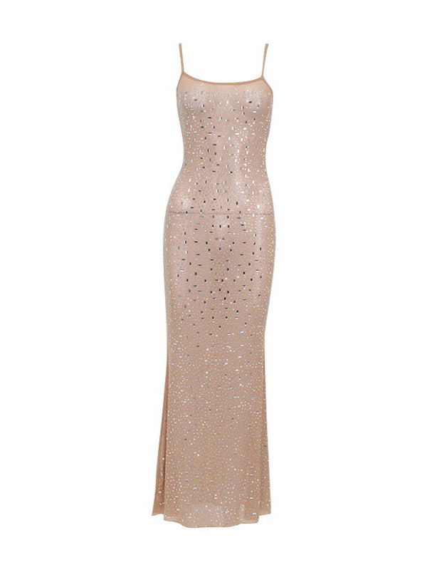 See-Through Sequined Split-Joint Bodycon Skinny Spaghetti-Neck Maxi Dresses
