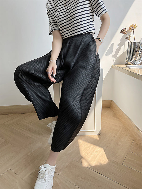 Elasticity Pleated Solid Color Split-Joint Harem Pants High Waisted Trousers Pants Ninth Pants