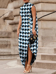 Asymmetric Buttoned Houndstooth Split-Joint Split-Side Loose Sleeveless Shawl Collar Maxi Dresses