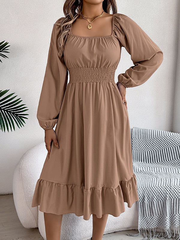 Pleated Ruffled Solid Color A-Line Elasticated Waist Square-Neck Midi Dresses