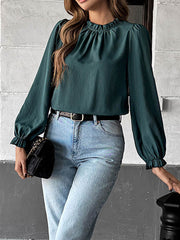 Elasticity Pleated Ruffle Trim Solid Color Long Sleeves Loose Mock Neck Blouses&Shirts Tops