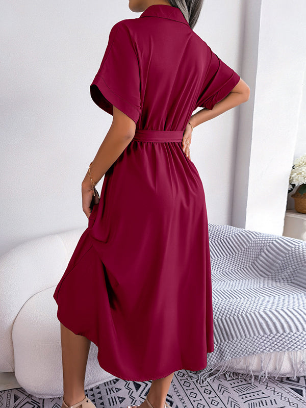 Solid Color Split-Joint Tied Waist Loose Short Sleeves Lapel Shirt Dress Midi Dresses