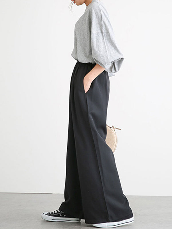 Elasticity Solid Color Split-Joint Wide Side High Waisted Wide Leg Trousers Pants