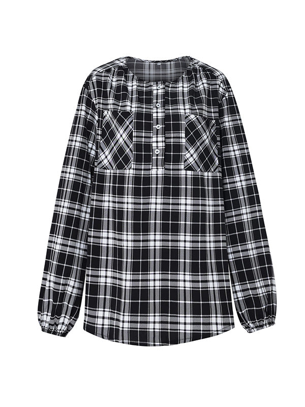 Buttoned Elasticity Plaid Pockets Long Sleeves Loose Round-Neck Blouses&Shirts Tops
