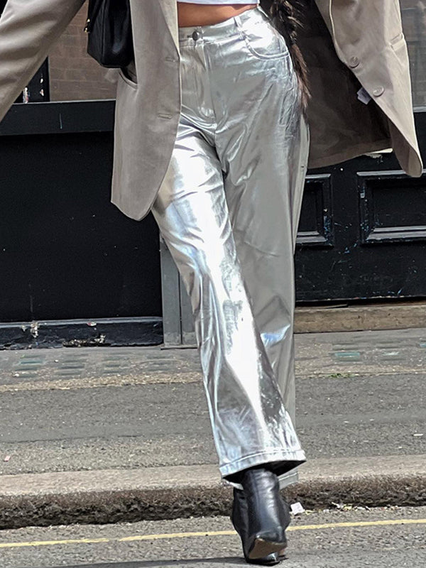 Buttoned Pockets Shiny Solid Color High Waisted Trousers Pants