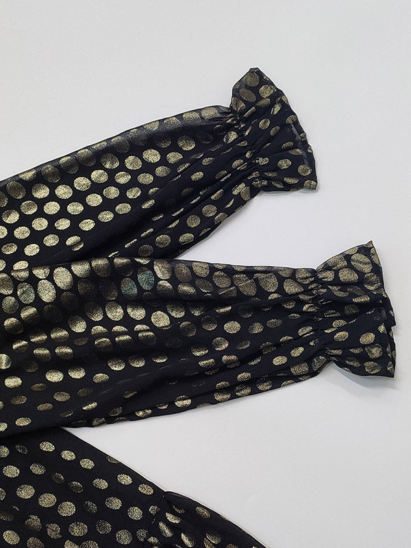 Long Sleeves Puff Sleeves Pleated Polka Dot Shiny Split-Joint High Neck Mini Dresses